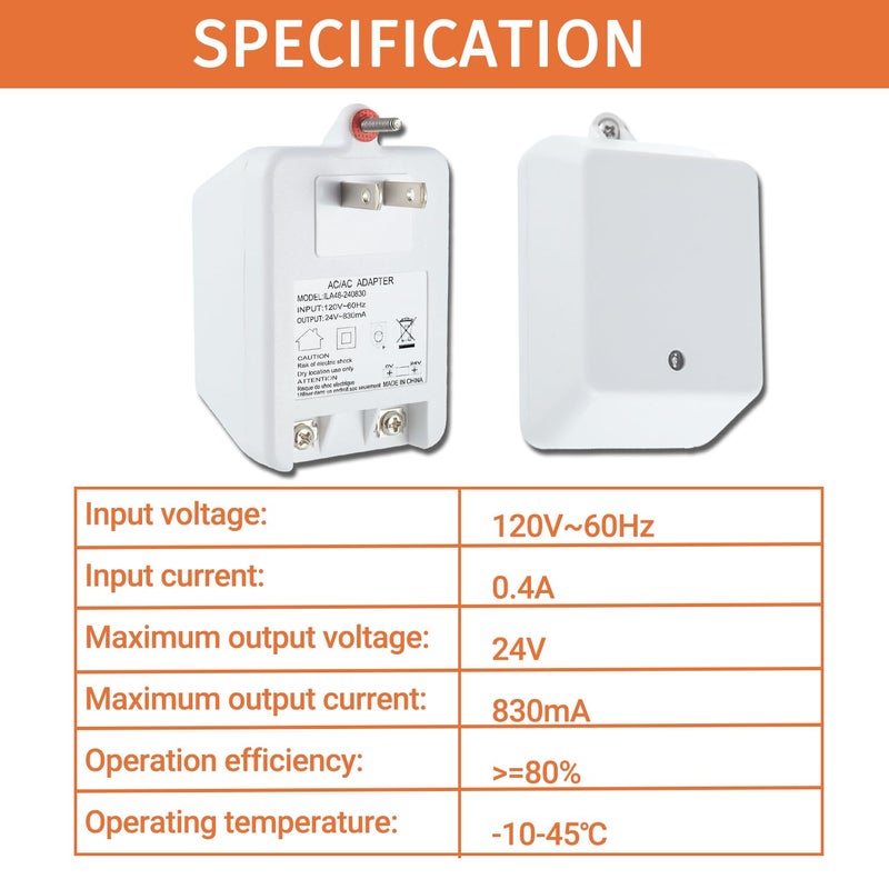 JAMHER 24 Volt Doorbell Transformer 24VAC 830mA Plug in Transformer with PTC Fuse Compatible with Nest Ecobee Sensi and Honeywell Thermostat and All Versions of Ring Doorbell - Image 2